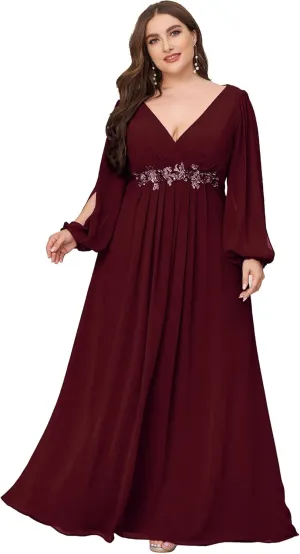 Ever-Pretty Plus Women's Floor Length V Neck Lantern Sleeves Floral Applique Plus Size Formal Dresses for Curvy Women