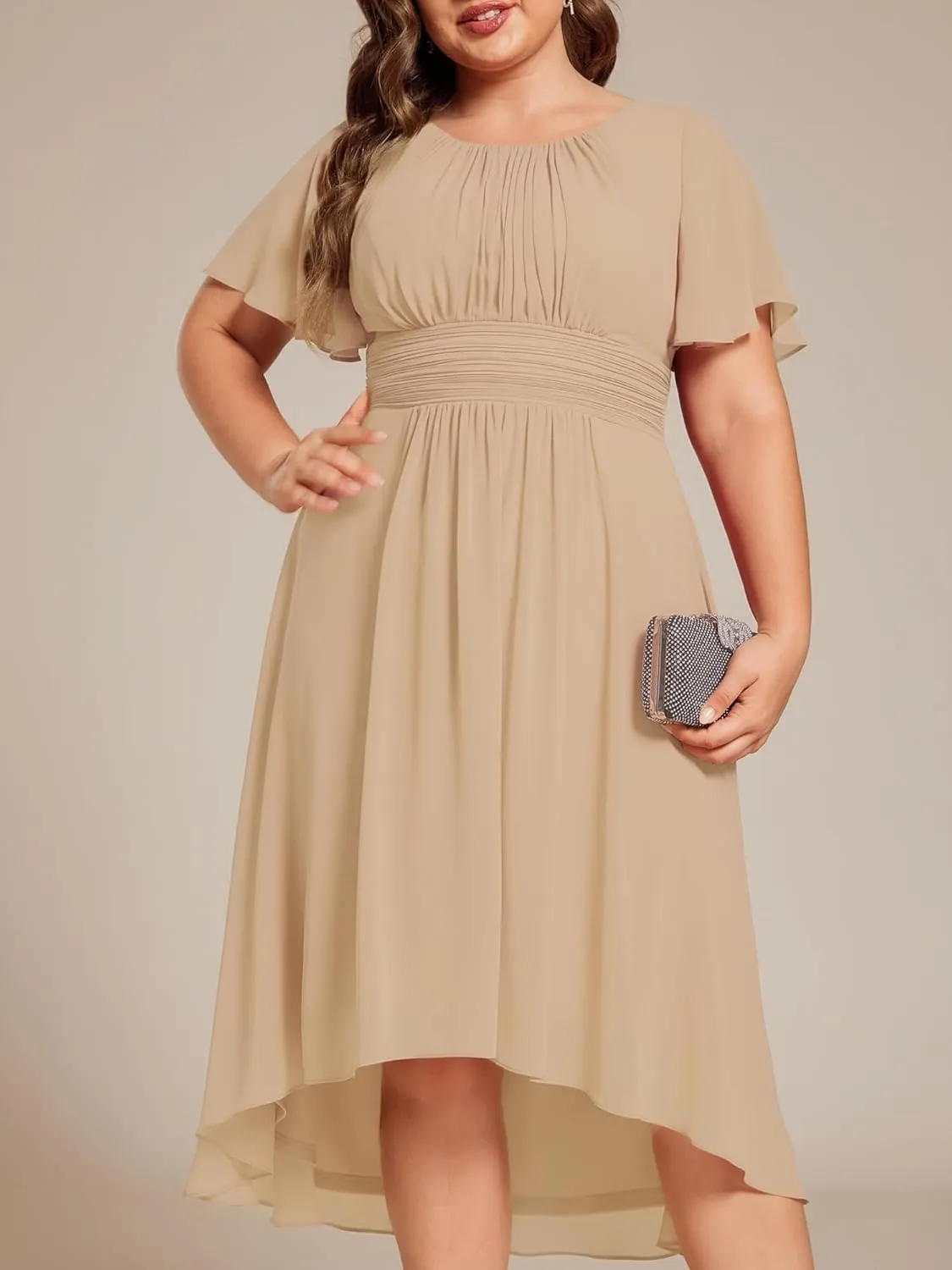 Ever-Pretty Plus Women's Round Neck Ruffles Sleeves Pleated Waist Chiffon Knee Length Plus Size Cocktail Dresses