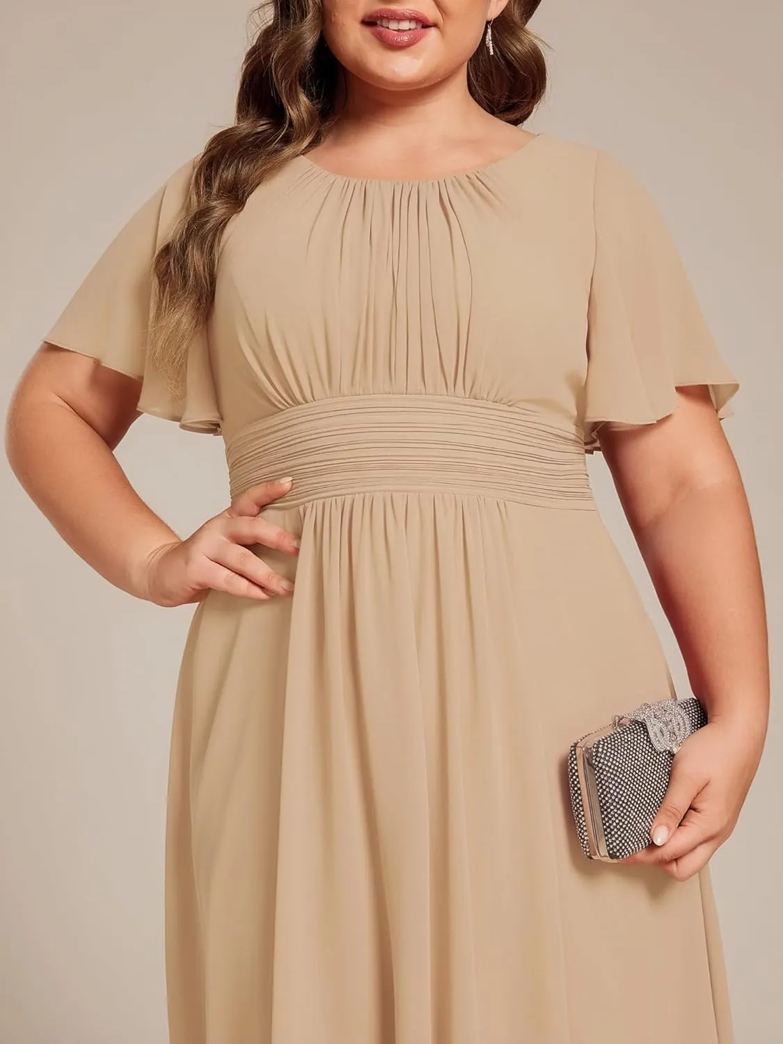 Ever-Pretty Plus Women's Round Neck Ruffles Sleeves Pleated Waist Chiffon Knee Length Plus Size Cocktail Dresses
