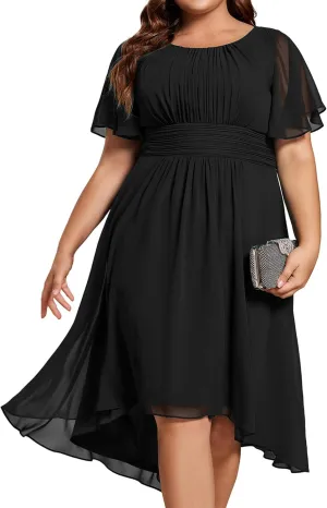 Ever-Pretty Plus Women's Round Neck Ruffles Sleeves Pleated Waist Chiffon Knee Length Plus Size Cocktail Dresses