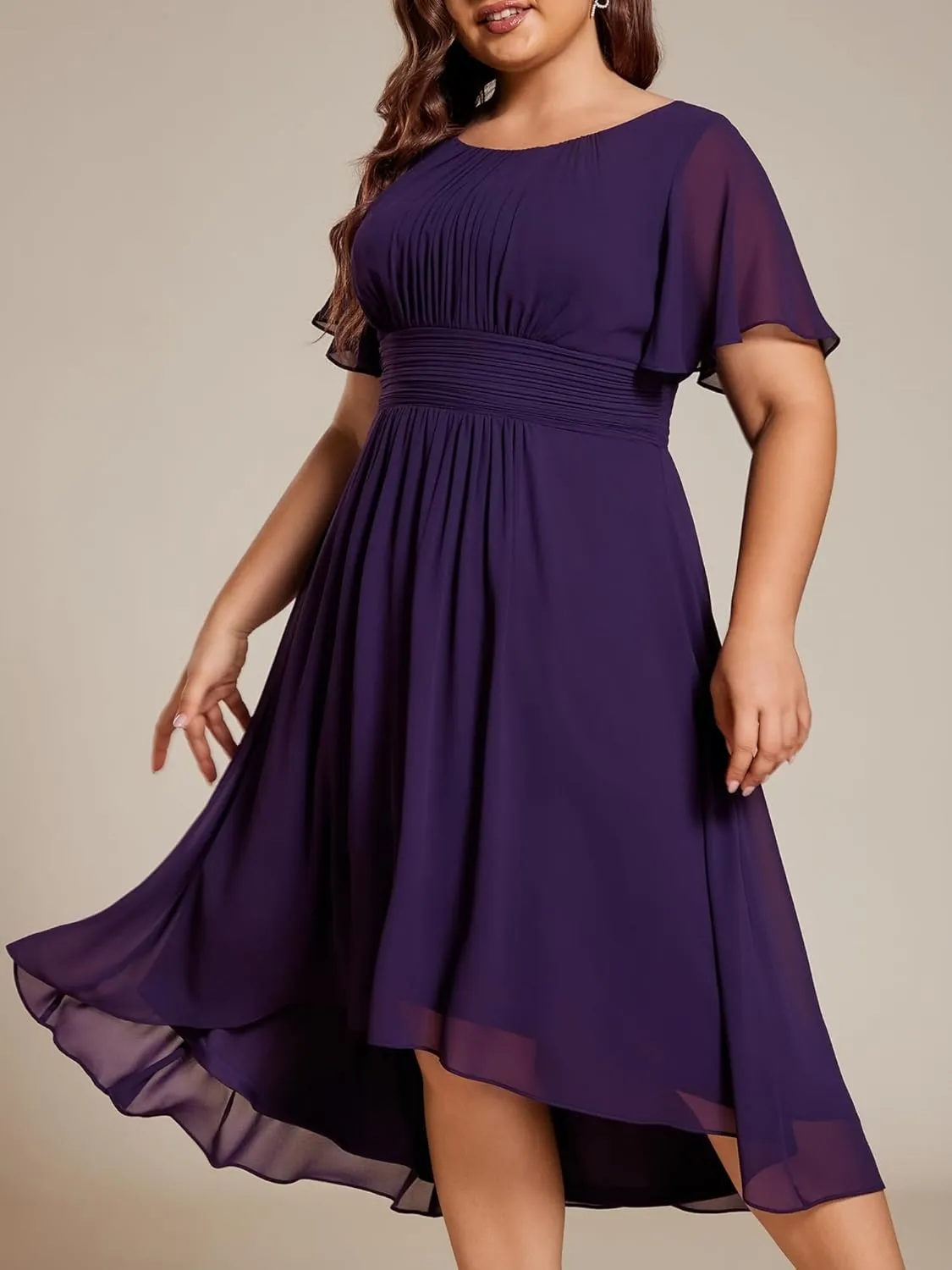 Ever-Pretty Plus Women's Round Neck Ruffles Sleeves Pleated Waist Chiffon Knee Length Plus Size Cocktail Dresses