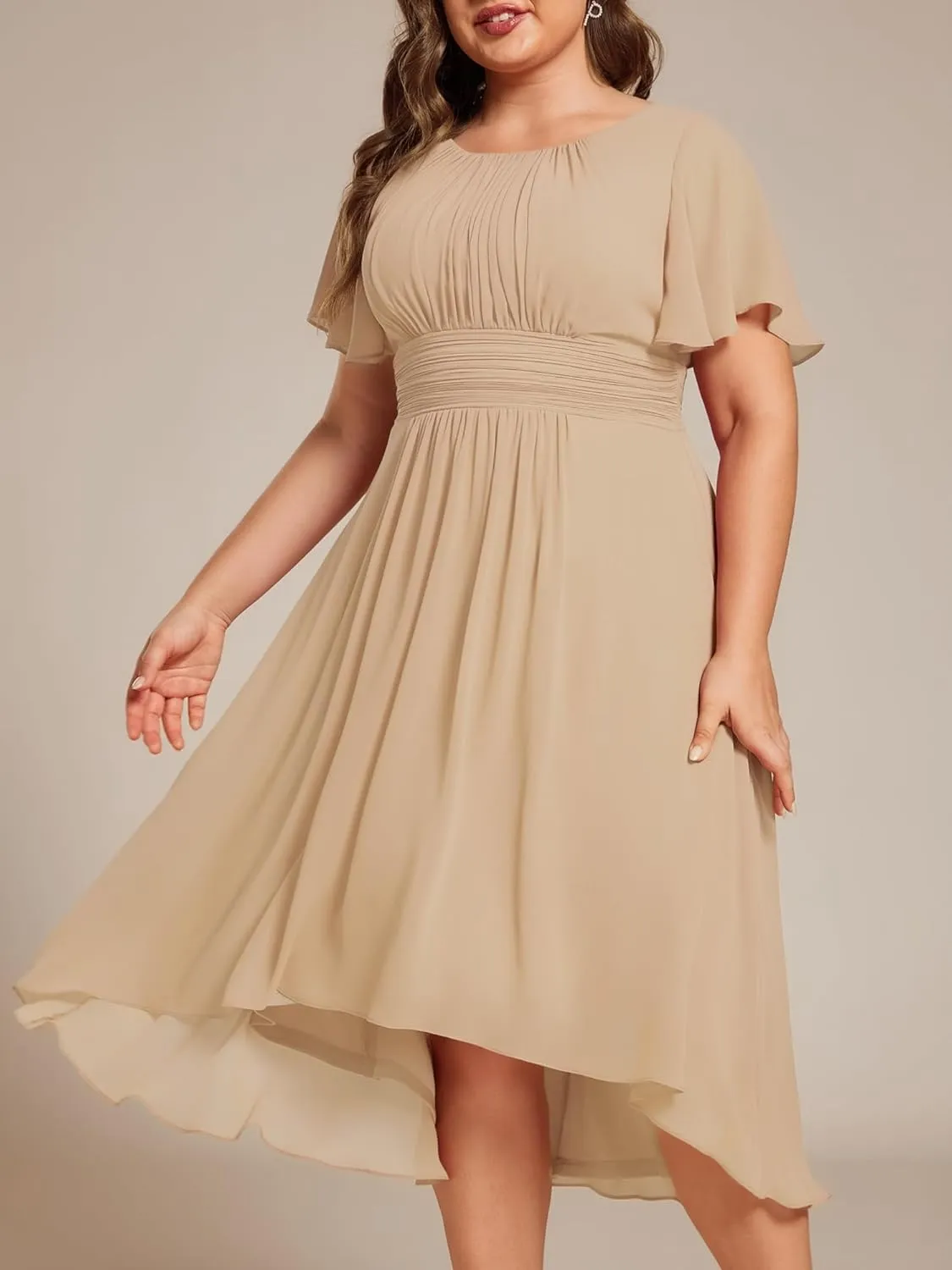 Ever-Pretty Plus Women's Round Neck Ruffles Sleeves Pleated Waist Chiffon Knee Length Plus Size Cocktail Dresses