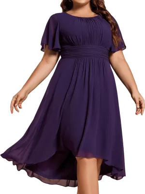 Ever-Pretty Plus Women's Round Neck Ruffles Sleeves Pleated Waist Chiffon Knee Length Plus Size Cocktail Dresses