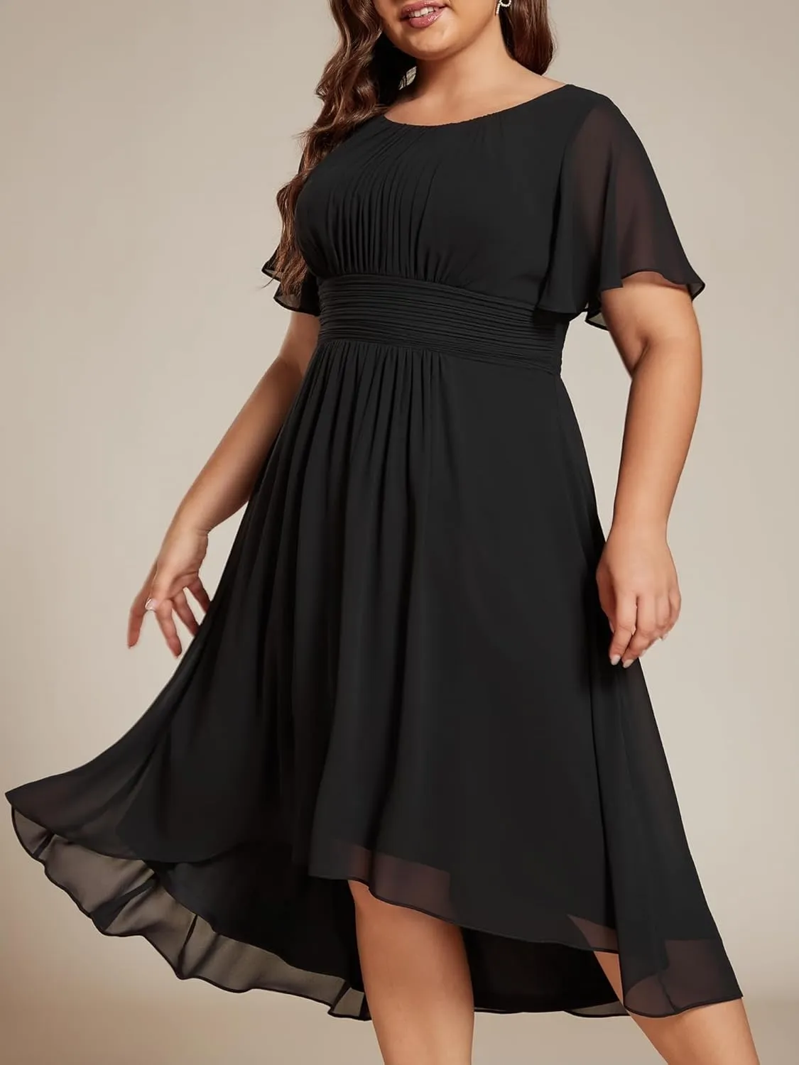 Ever-Pretty Plus Women's Round Neck Ruffles Sleeves Pleated Waist Chiffon Knee Length Plus Size Cocktail Dresses