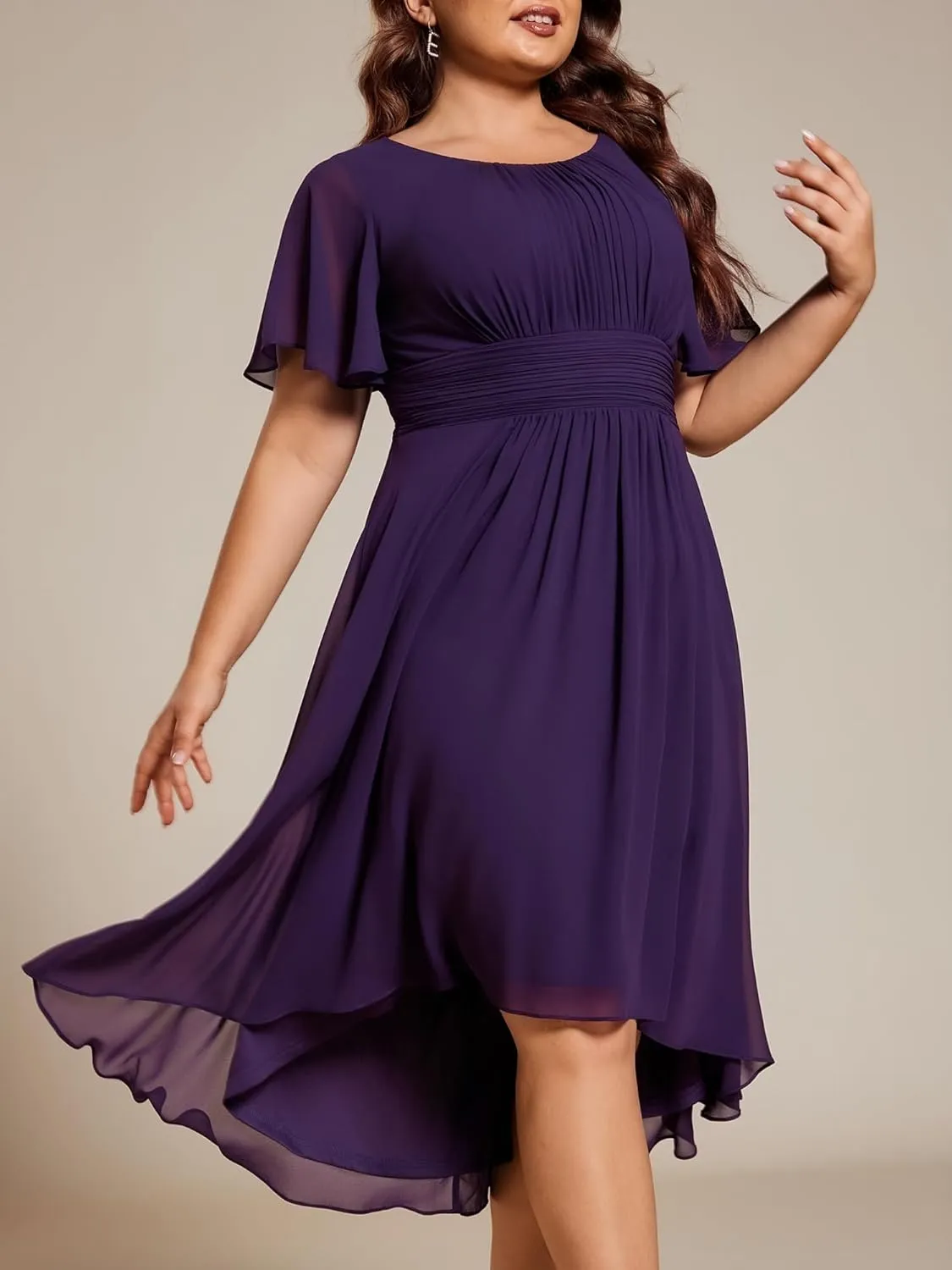 Ever-Pretty Plus Women's Round Neck Ruffles Sleeves Pleated Waist Chiffon Knee Length Plus Size Cocktail Dresses