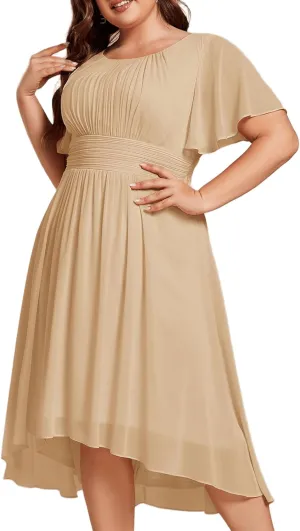 Ever-Pretty Plus Women's Round Neck Ruffles Sleeves Pleated Waist Chiffon Knee Length Plus Size Cocktail Dresses