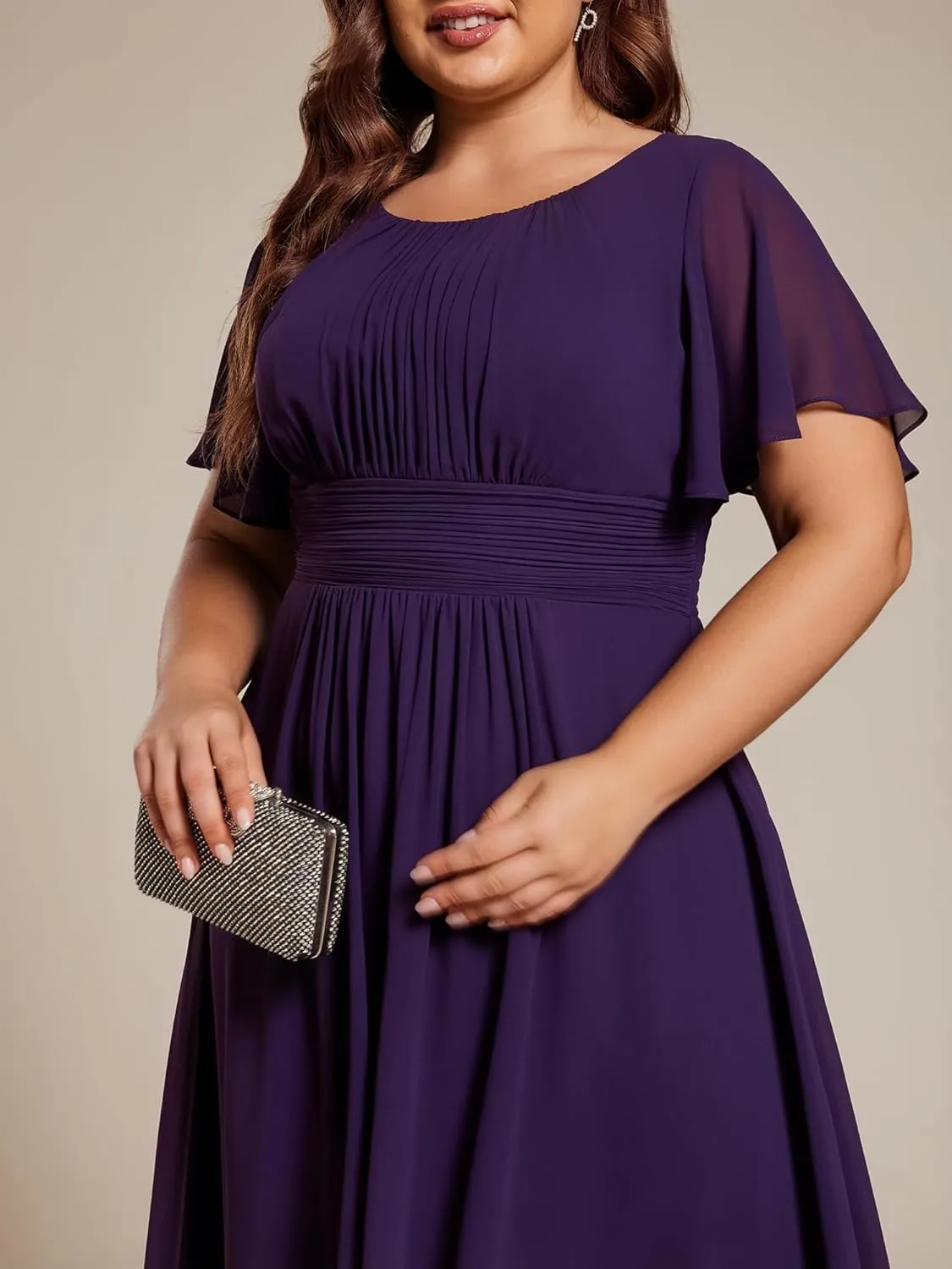 Ever-Pretty Plus Women's Round Neck Ruffles Sleeves Pleated Waist Chiffon Knee Length Plus Size Cocktail Dresses