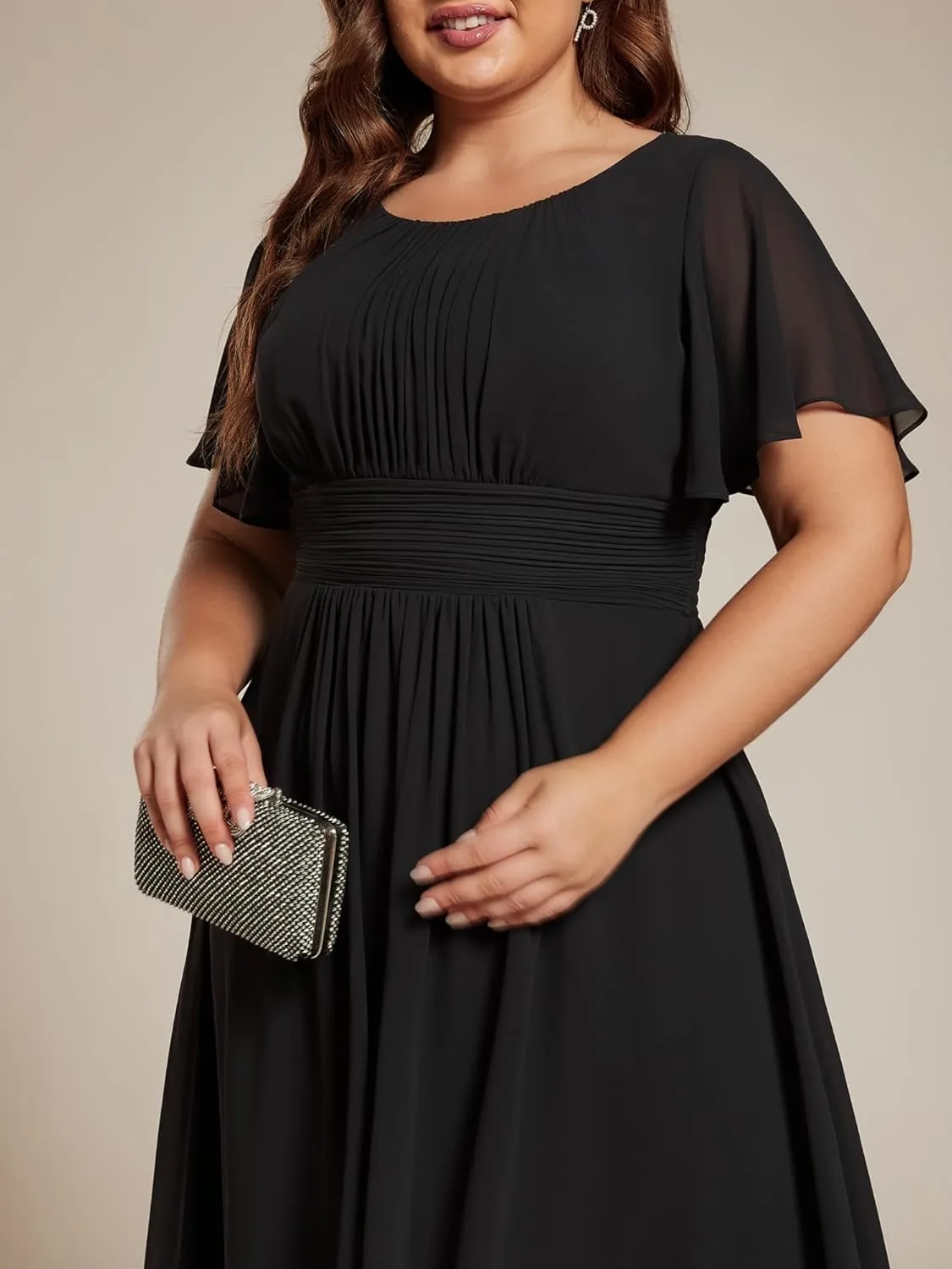 Ever-Pretty Plus Women's Round Neck Ruffles Sleeves Pleated Waist Chiffon Knee Length Plus Size Cocktail Dresses