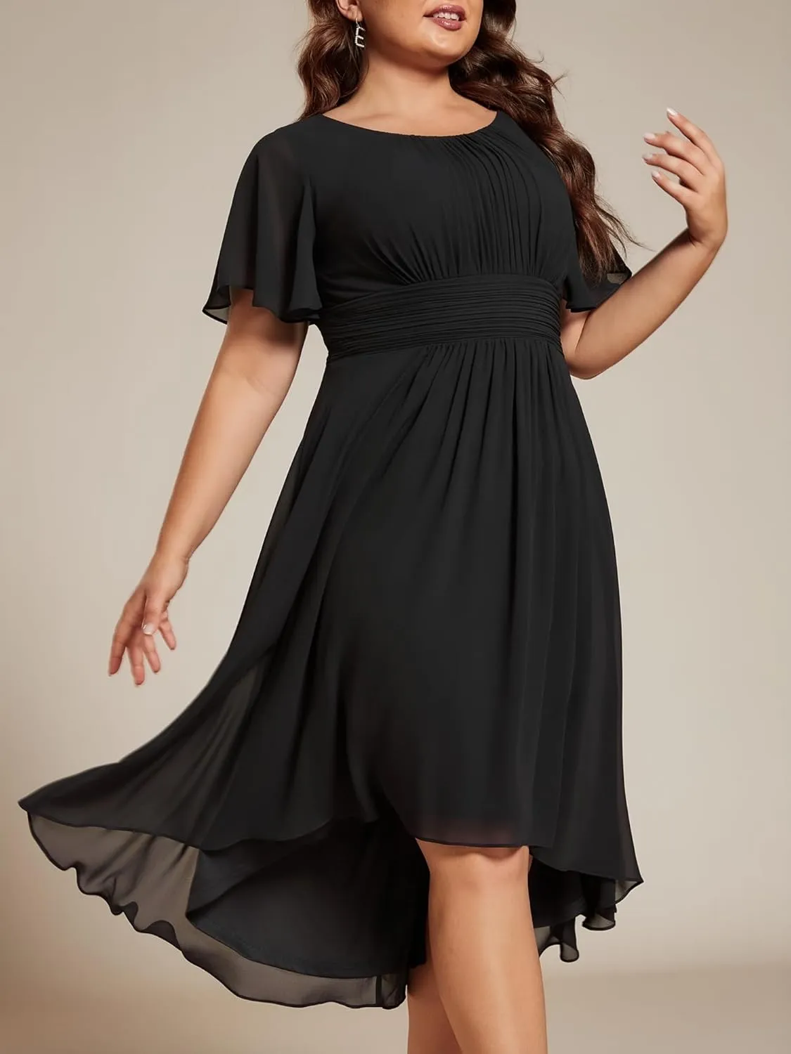 Ever-Pretty Plus Women's Round Neck Ruffles Sleeves Pleated Waist Chiffon Knee Length Plus Size Cocktail Dresses