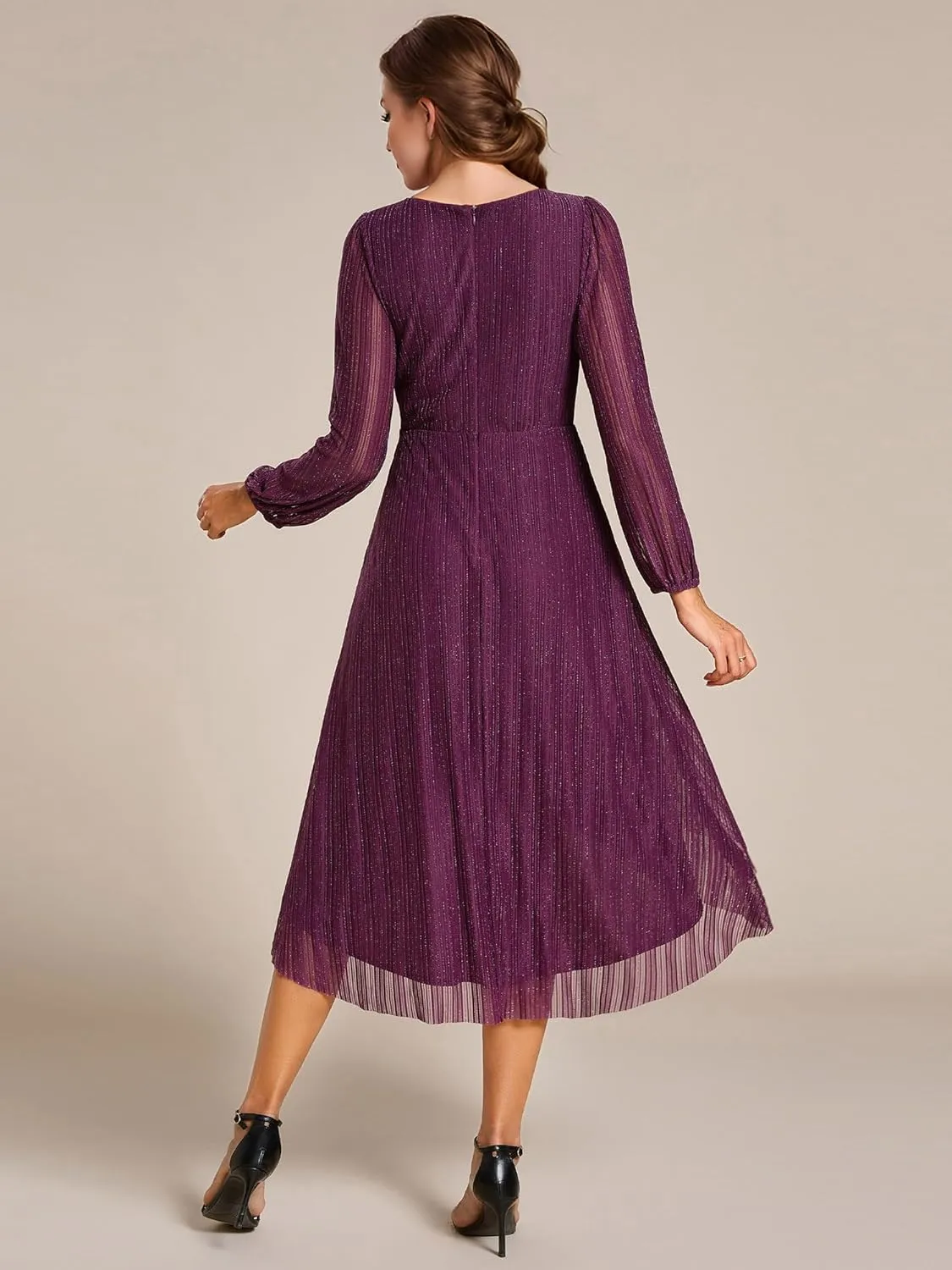 Ever-Pretty Women's Classic Glitter V Neck Sheer Long Sleeves Midi Wedding Guest Dresses 02266-PH