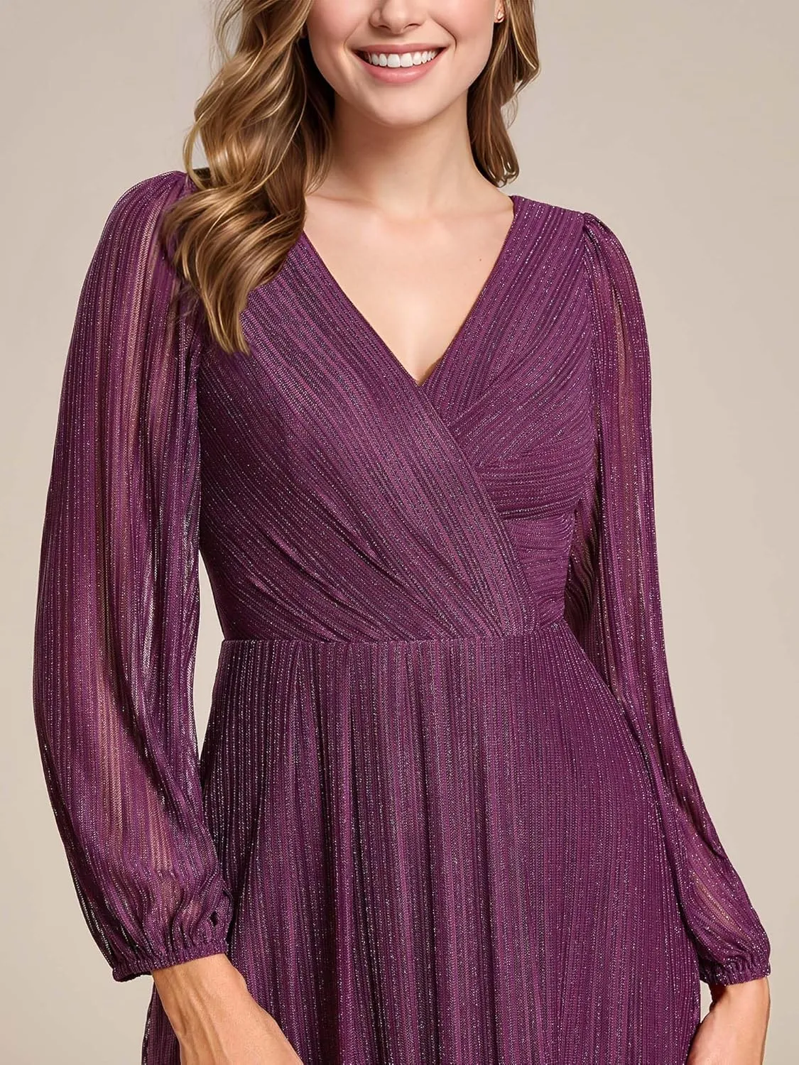 Ever-Pretty Women's Classic Glitter V Neck Sheer Long Sleeves Midi Wedding Guest Dresses 02266-PH