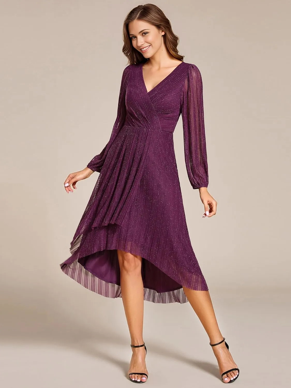 Ever-Pretty Women's Classic Glitter V Neck Sheer Long Sleeves Midi Wedding Guest Dresses 02266-PH