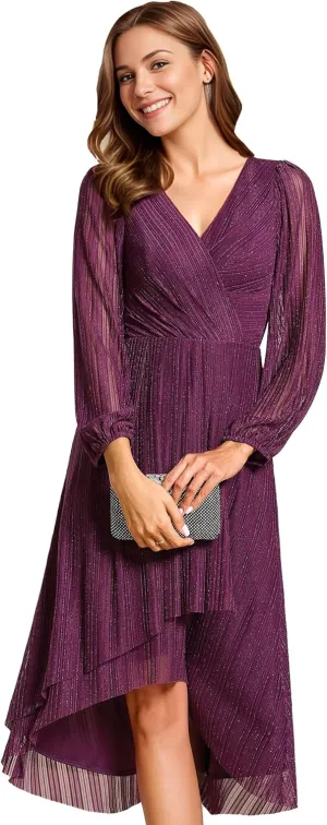 Ever-Pretty Women's Classic Glitter V Neck Sheer Long Sleeves Midi Wedding Guest Dresses 02266-PH