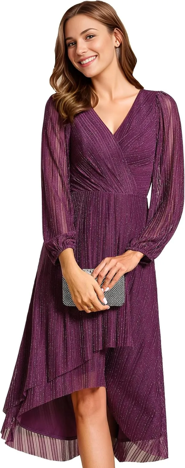 Ever-Pretty Women's Classic Glitter V Neck Sheer Long Sleeves Midi Wedding Guest Dresses 02266-PH