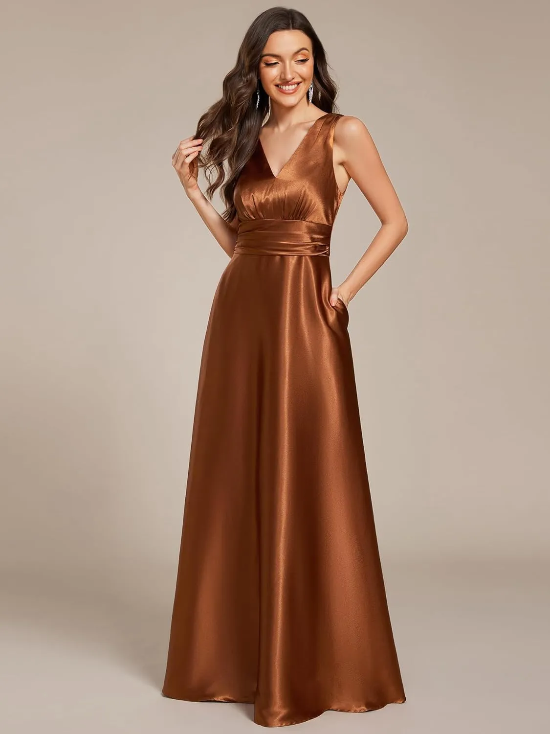 Ever-Pretty Women's Double-V-Neck Floor-Length Empire Waist Satin Formal Dress with Pockets 02326
