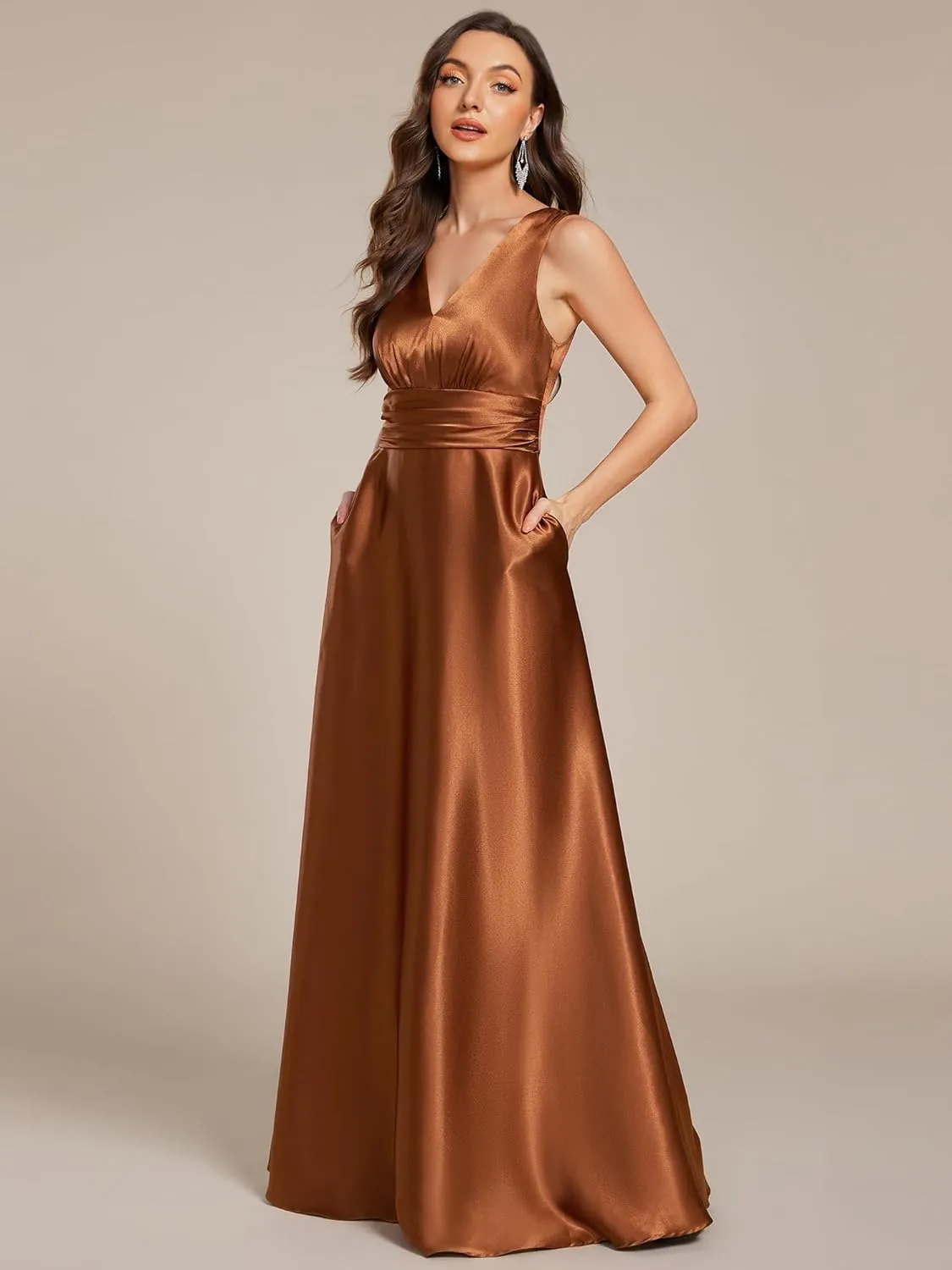 Ever-Pretty Women's Double-V-Neck Floor-Length Empire Waist Satin Formal Dress with Pockets 02326