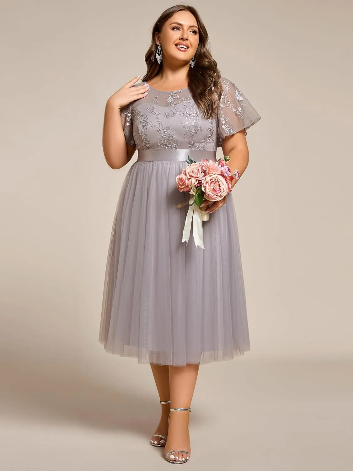 Ever-Pretty Women's Embroidered Tulle A Line Cocktail Dresses Short Sleeves Midi Plus Size Semi Formal Gowns