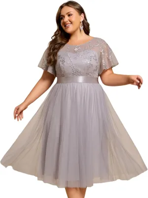 Ever-Pretty Women's Embroidered Tulle A Line Cocktail Dresses Short Sleeves Midi Plus Size Semi Formal Gowns