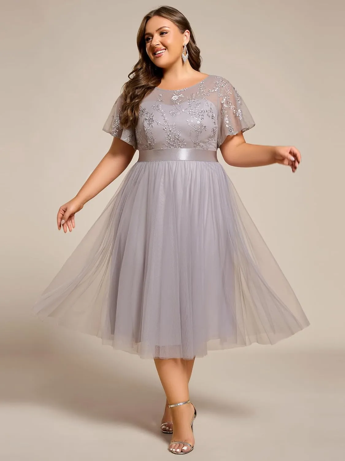 Ever-Pretty Women's Embroidered Tulle A Line Cocktail Dresses Short Sleeves Midi Plus Size Semi Formal Gowns