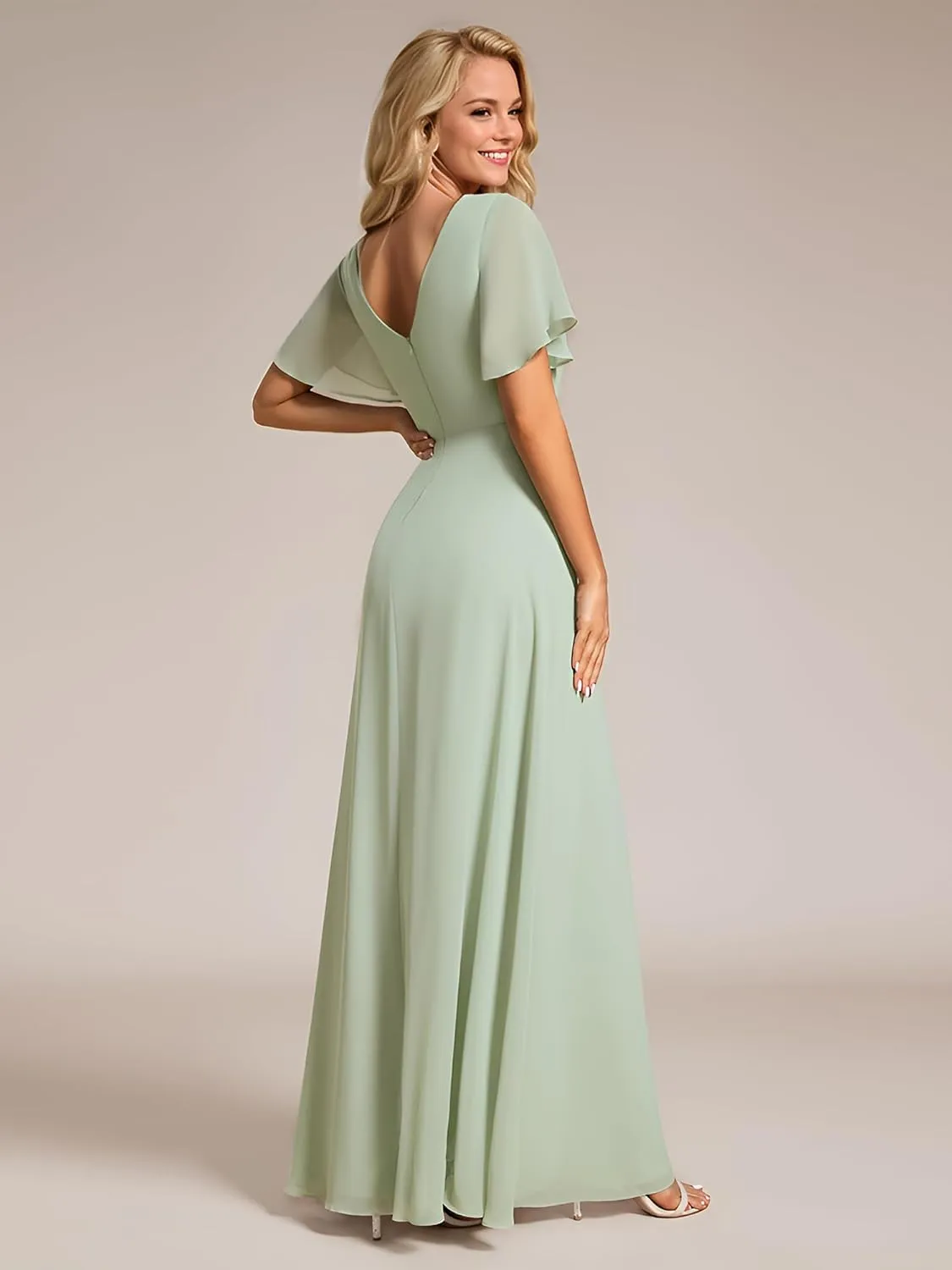 Ever-Pretty Women's V Neck Ruffles Short Sleeve Floor Length Pleated Chiffon Floor Length Formal Dress 0050-PH