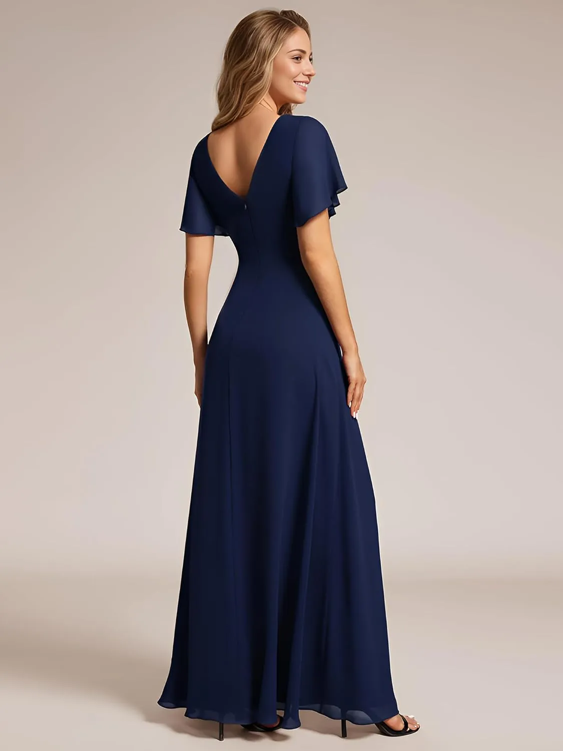 Ever-Pretty Women's V Neck Ruffles Short Sleeve Floor Length Pleated Chiffon Floor Length Formal Dress 0050-PH