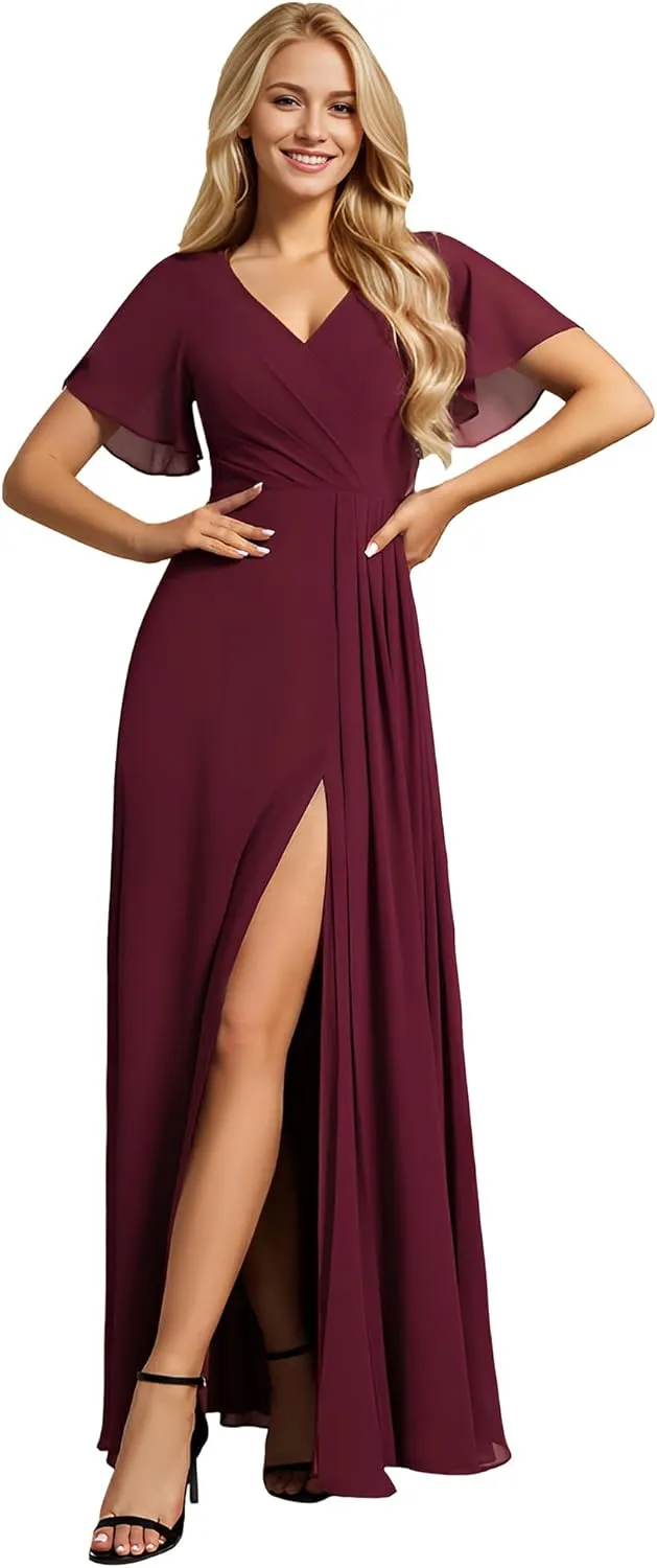 Ever-Pretty Women's V Neck Ruffles Short Sleeve Floor Length Pleated Chiffon Floor Length Formal Dress 0050-PH