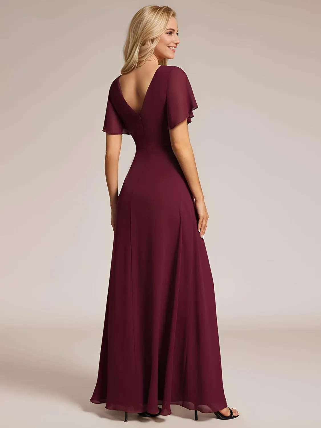 Ever-Pretty Women's V Neck Ruffles Short Sleeve Floor Length Pleated Chiffon Floor Length Formal Dress 0050-PH