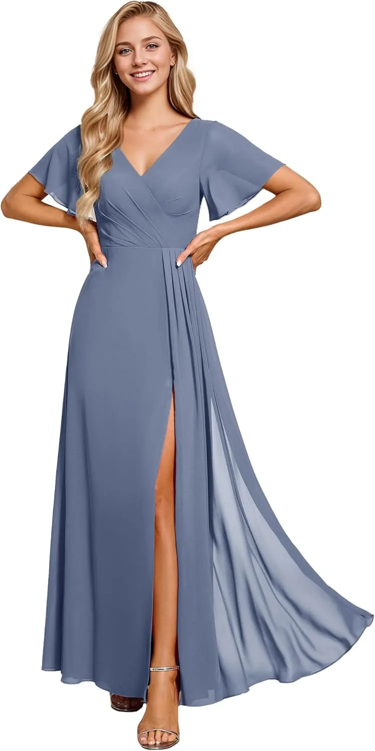 Ever-Pretty Women's V Neck Ruffles Short Sleeve Floor Length Pleated Chiffon Floor Length Formal Dress 0050-PH