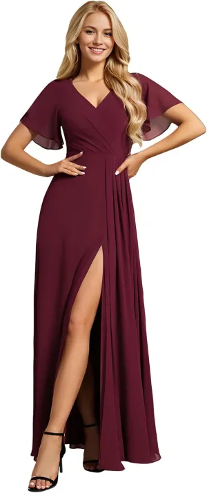 Ever-Pretty Women's V Neck Ruffles Short Sleeve Floor Length Pleated Chiffon Floor Length Formal Dress 0050-PH