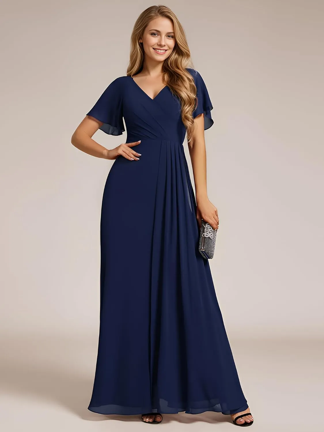 Ever-Pretty Women's V Neck Ruffles Short Sleeve Floor Length Pleated Chiffon Floor Length Formal Dress 0050-PH