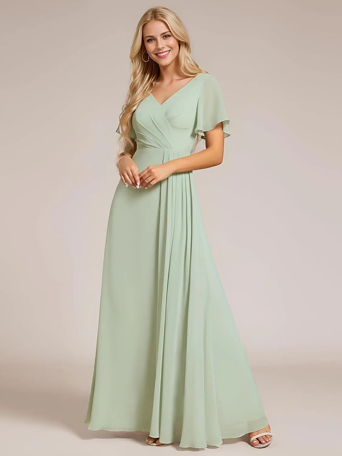 Ever-Pretty Women's V Neck Ruffles Short Sleeve Floor Length Pleated Chiffon Floor Length Formal Dress 0050-PH