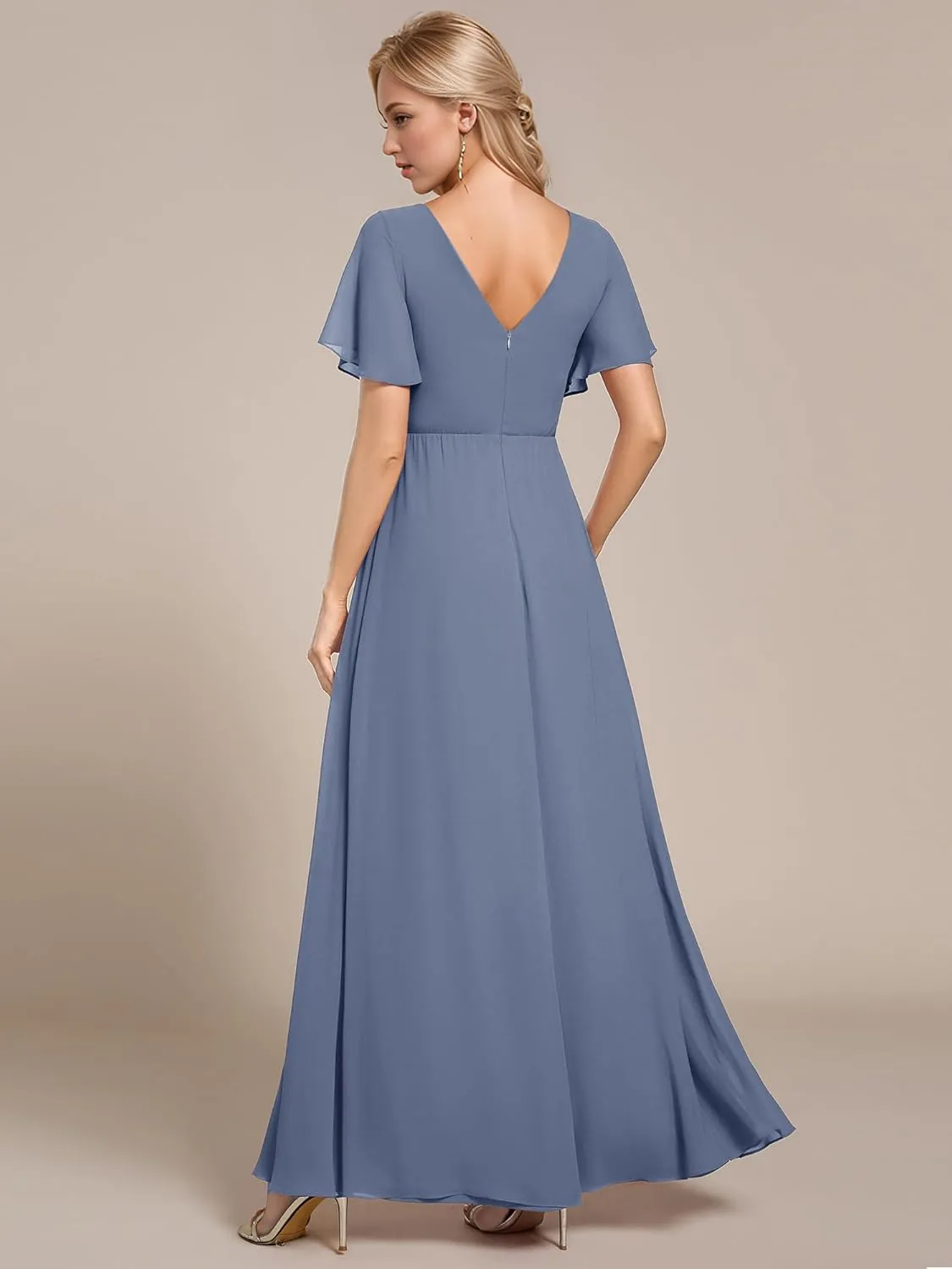 Ever-Pretty Women's V Neck Ruffles Short Sleeve Floor Length Pleated Chiffon Floor Length Formal Dress 0050-PH