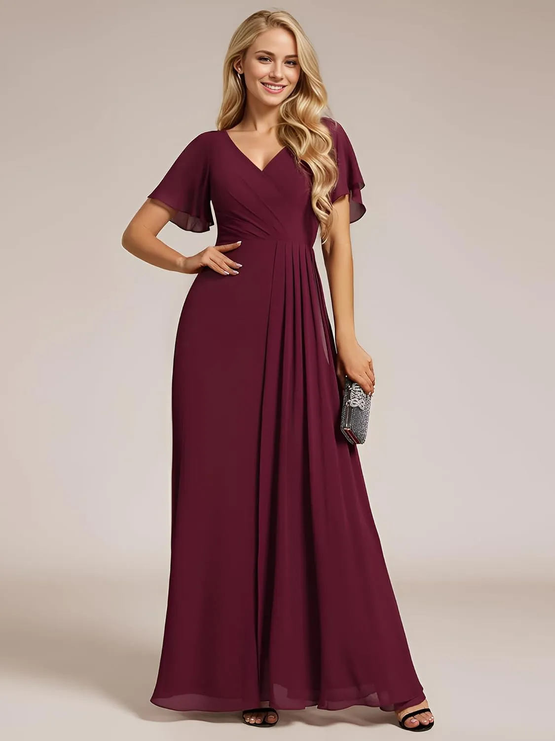 Ever-Pretty Women's V Neck Ruffles Short Sleeve Floor Length Pleated Chiffon Floor Length Formal Dress 0050-PH