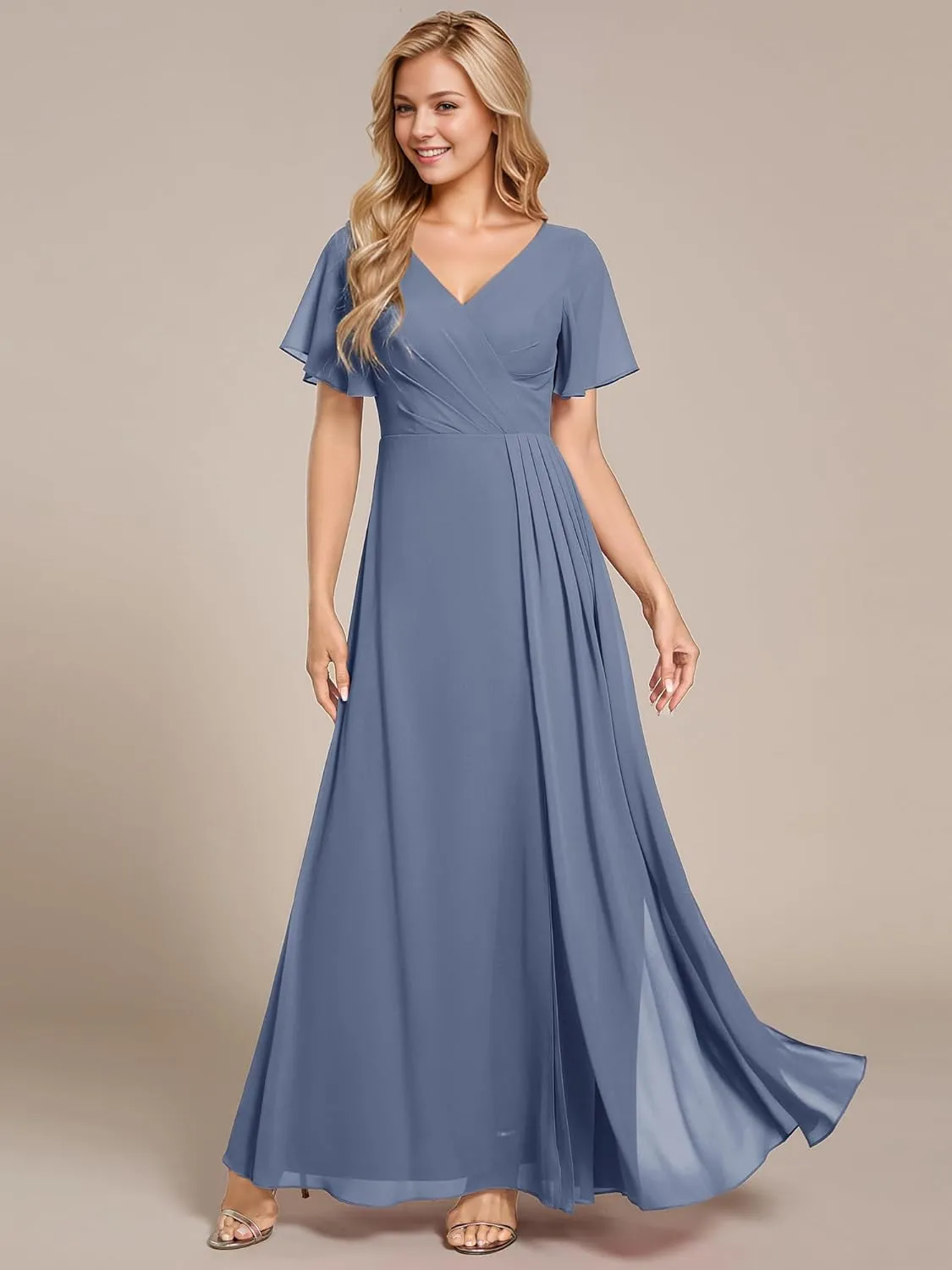 Ever-Pretty Women's V Neck Ruffles Short Sleeve Floor Length Pleated Chiffon Floor Length Formal Dress 0050-PH