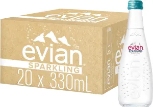 evian Sparkling Carbonated Natural Mineral Water 330ml Glass Bottle, Case of 20 Bottles