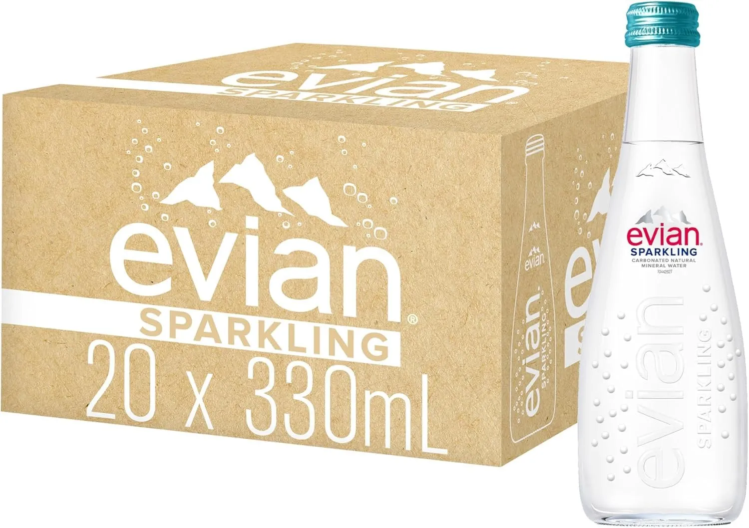 evian Sparkling Carbonated Natural Mineral Water 330ml Glass Bottle, Case of 20 Bottles
