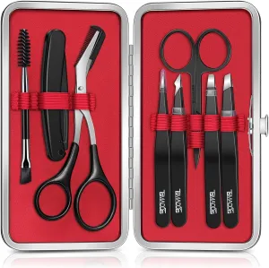 Eyebrow Kit, 8 in 1 Eyebrow Trimmer Scissors, Tweezers for Women, Razor, Brush with Travel Bag, Tweezers Set for Women and Men, Professional Shaping Grooming Kit