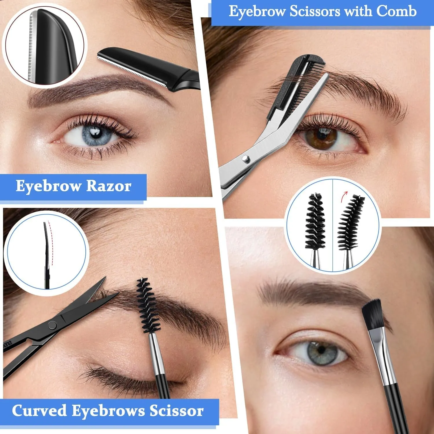 Eyebrow Kit, 8 in 1 Eyebrow Trimmer Scissors, Tweezers for Women, Razor, Brush with Travel Bag, Tweezers Set for Women and Men, Professional Shaping Grooming Kit