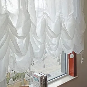 FADFAY Farmhouse White Lace Shabby Elegant Chic Sheer Curtain with Valances, Adjustable Tie-Up Curtain Shades, 1 Panel Shabby Tulle Curtains for Window 78"x90"