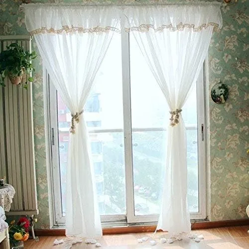 FADFAY Farmhouse White Lace Shabby Elegant Chic Sheer Curtain with Valances, Adjustable Tie-Up Curtain Shades, 1 Panel Shabby Tulle Curtains for Window 78"x90"