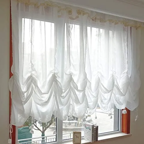 FADFAY Farmhouse White Lace Shabby Elegant Chic Sheer Curtain with Valances, Adjustable Tie-Up Curtain Shades, 1 Panel Shabby Tulle Curtains for Window 78"x90"