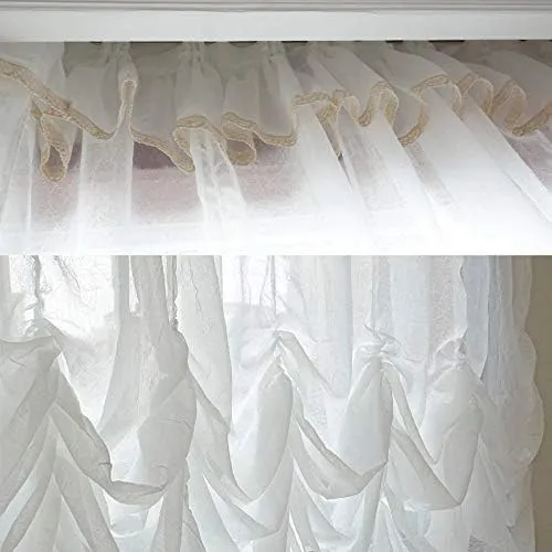 FADFAY Farmhouse White Lace Shabby Elegant Chic Sheer Curtain with Valances, Adjustable Tie-Up Curtain Shades, 1 Panel Shabby Tulle Curtains for Window 78"x90"