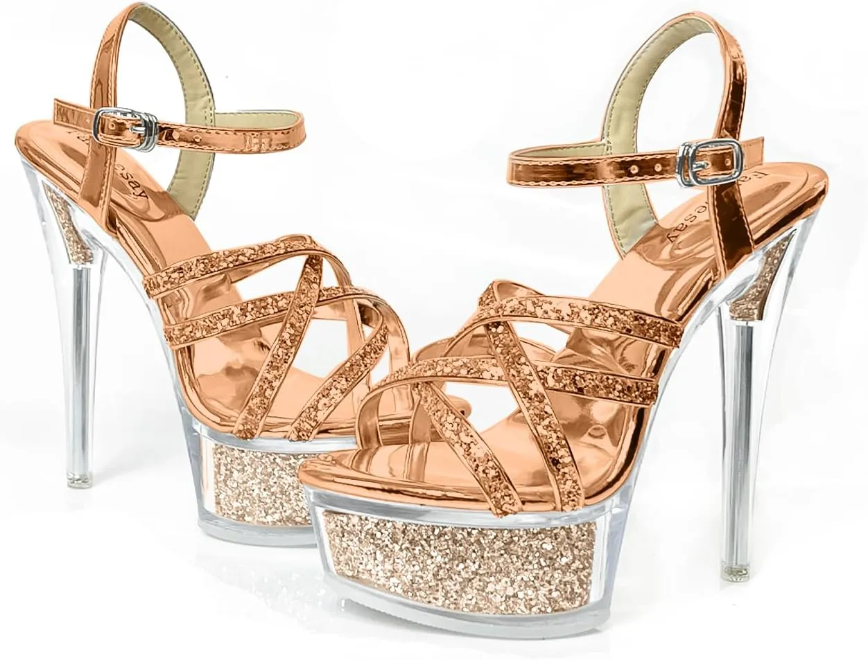Fantoesay Women's Platform Sandals Sparkling Glitter Strappy Stiletto High Heels Sexy Clear Sandals
