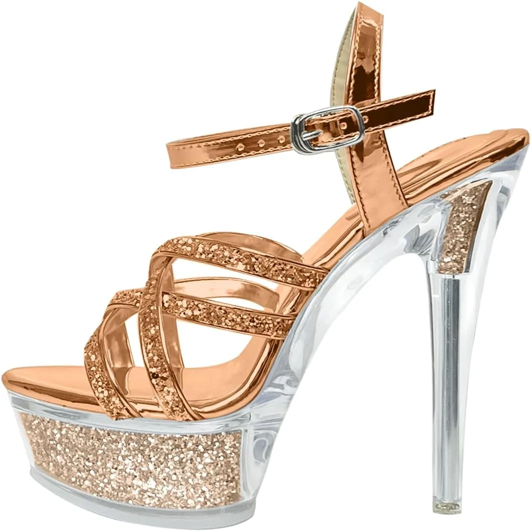 Fantoesay Women's Platform Sandals Sparkling Glitter Strappy Stiletto High Heels Sexy Clear Sandals