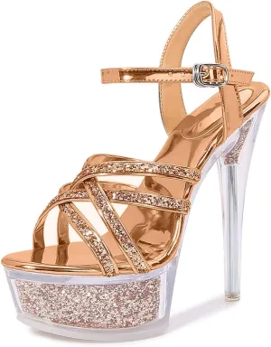 Fantoesay Women's Platform Sandals Sparkling Glitter Strappy Stiletto High Heels Sexy Clear Sandals