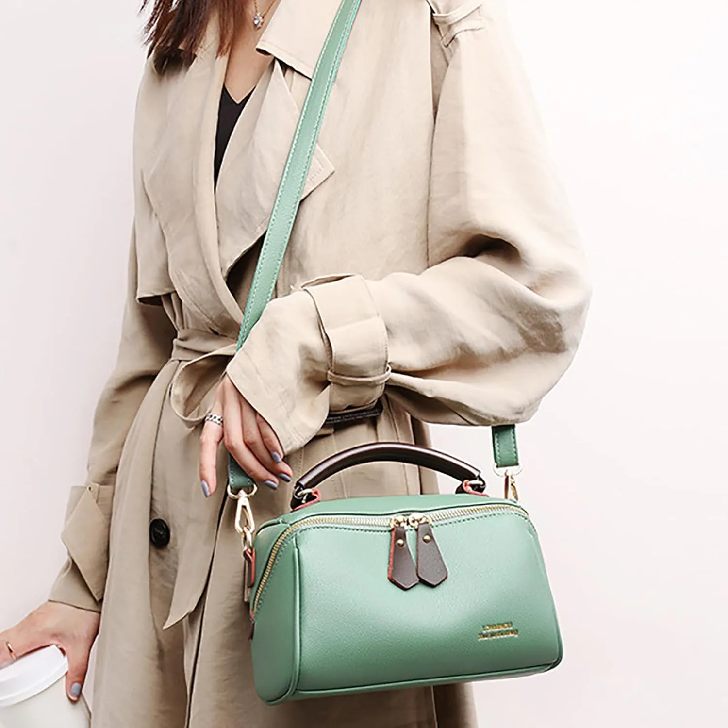 Fashion Leather Top-Handle Crossbody Pillow Bag For Women Shoulder Satchel Purses With Double Zipper Design
