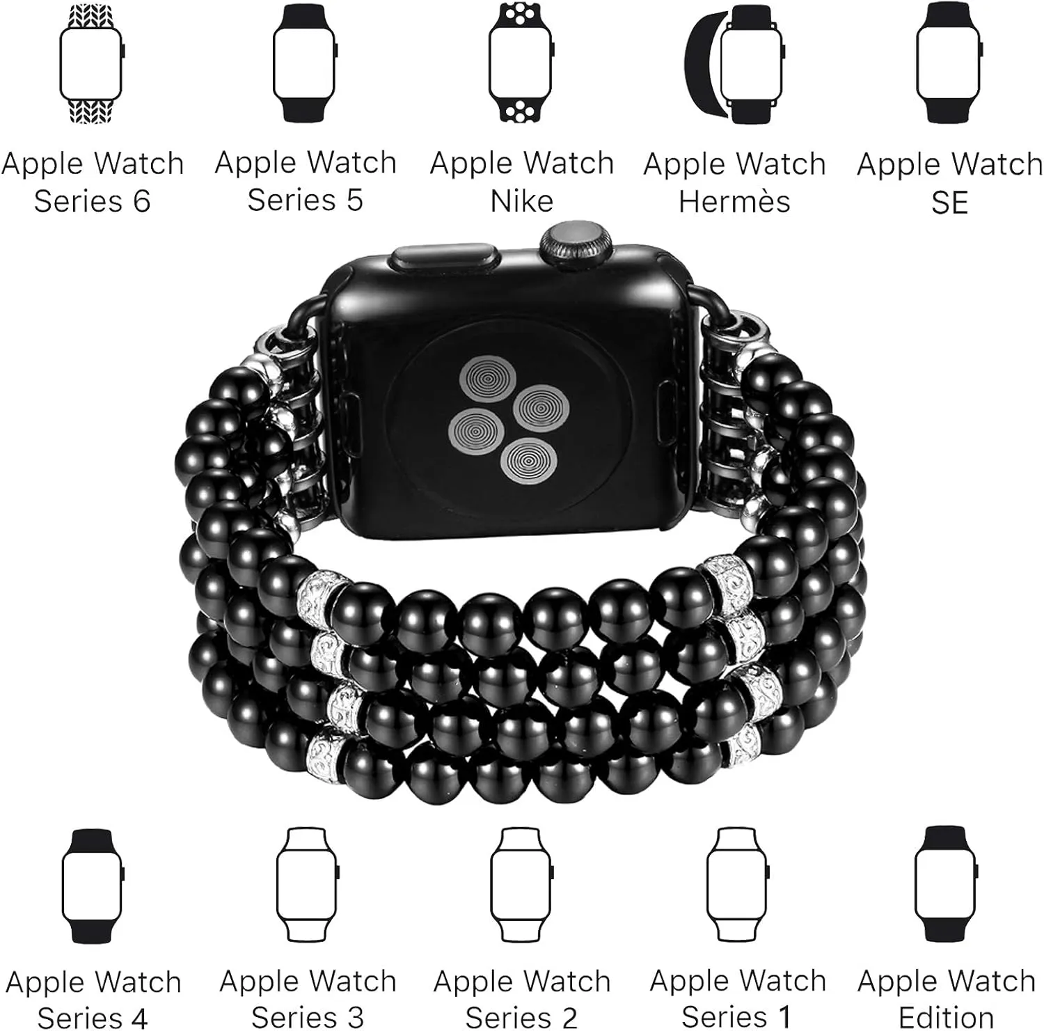 fastgo Bracelet Compatible with Apple Watch Bands 42mm 44mm 45mm 49mm, Dressy Handmade Beaded Elastic Stretch Pearl Replacement Strap Women for IWatch SE& Series 9 Ultra 8/7/ 6/5/4/3/2/1 (Black)