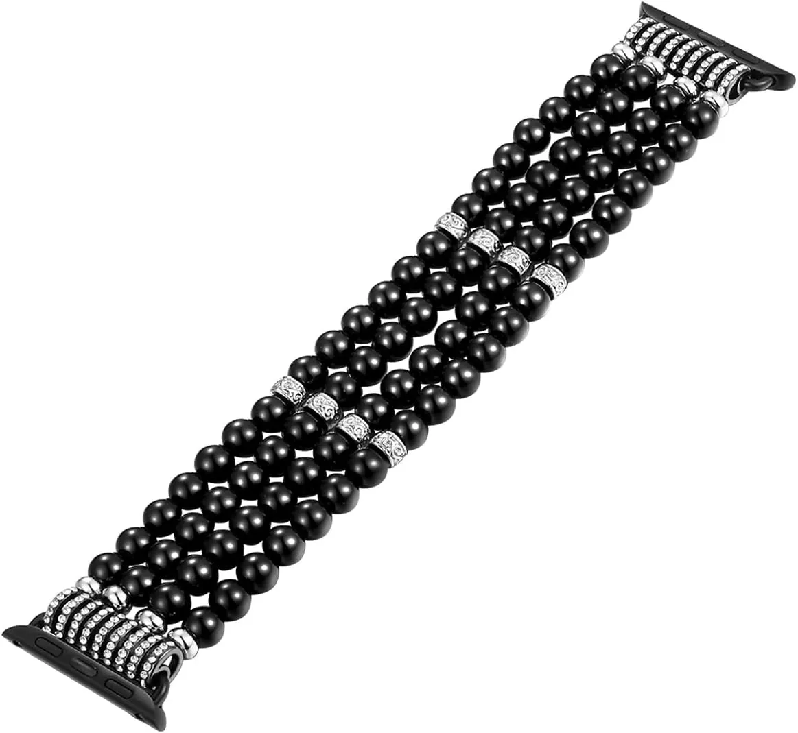 fastgo Bracelet Compatible with Apple Watch Bands 42mm 44mm 45mm 49mm, Dressy Handmade Beaded Elastic Stretch Pearl Replacement Strap Women for IWatch SE& Series 9 Ultra 8/7/ 6/5/4/3/2/1 (Black)