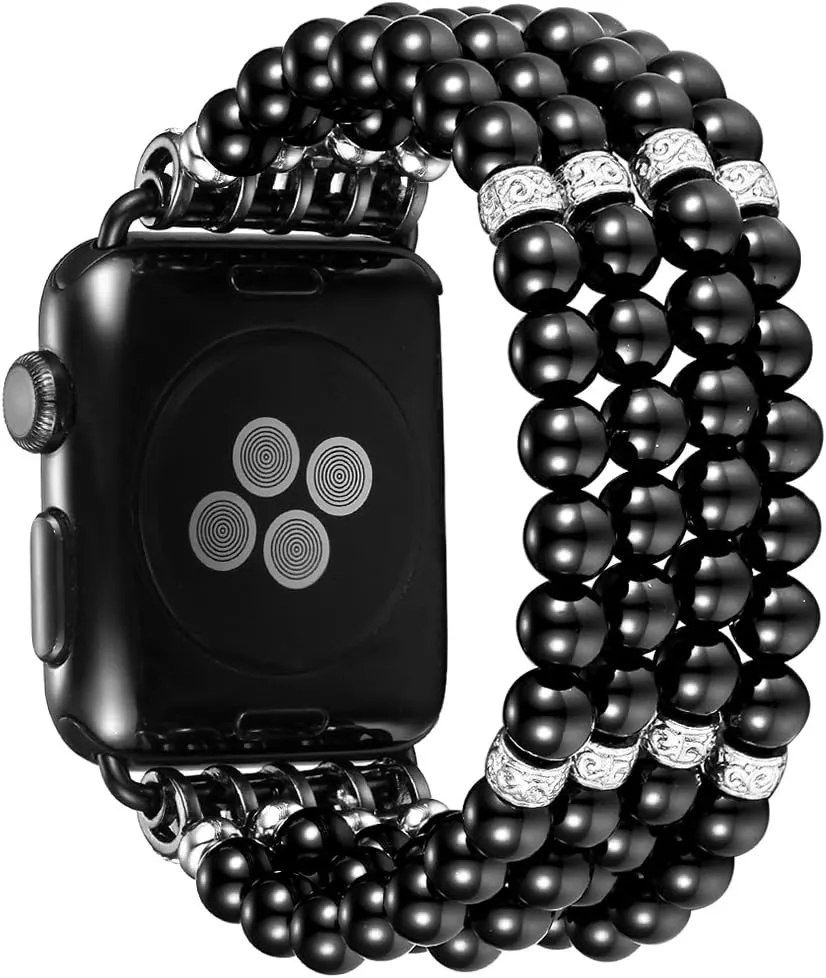 fastgo Bracelet Compatible with Apple Watch Bands 42mm 44mm 45mm 49mm, Dressy Handmade Beaded Elastic Stretch Pearl Replacement Strap Women for IWatch SE& Series 9 Ultra 8/7/ 6/5/4/3/2/1 (Black)