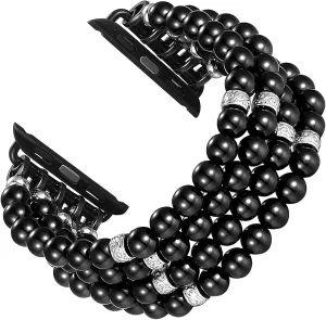 fastgo Bracelet Compatible with Apple Watch Bands 42mm 44mm 45mm 49mm, Dressy Handmade Beaded Elastic Stretch Pearl Replacement Strap Women for IWatch SE& Series 9 Ultra 8/7/ 6/5/4/3/2/1 (Black)